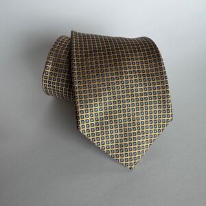 Tommy Hilfiger Mens Silk Tie Gold Navy Blue Geometric Square Pattern Classic